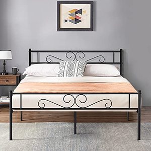 lot 3069 image: VECELO Bed FrameMattress Foundation with Vintage Headboard & Footboard, Easy Assembly, Queen, Black