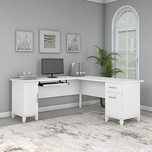 lot 3072 image: Bush Furniture Somerset L Shaped Desk with Storage, 72W, White - Incomplete (Box 2 of 2 Only)