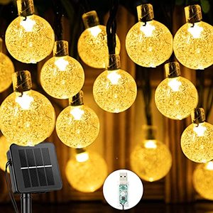 lot 7134 image: Solar String Lights Outdoor 60 LED 36ft Solar Patio Lights with 8 Modes, Solar PoweredUSB , Waterproof Crystal Ball String Lights for Patio, Lawn, Garden, Wedding, Party, Christmas Decor(Warm White)