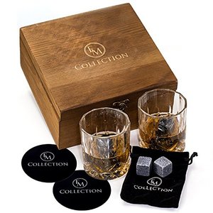 lot 7142 image: Whiskey Stones Gift Set - 8 Granite Whiskey Rocks Reusable Chilling Stones and 2 Crystal Bourbon Whiskey Glasses in Wooden Box - Whiskey Birthday Gift Set For Him, Men, Dad, Husband, Boyfriend, Boss