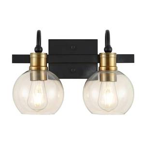 lot 7281 image: JONATHAN Y Marais 14.5 in. 2-Light BlackBrass Gold IronGlass Rustic Vintage LED Vanity Light