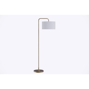 lot 7134 image: Porch & Den Sandpines Plated Gold Bent Arm Floor Lamp with White Drum Shade Retail $81.99