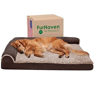lot 49 image: Furhaven Orthopedic Pet Bed for Dogs and Cats - L Chaise Sofa Two-Tone Plush Fur and Suede Couch Dog Bed with Removable Washable Cover, Espresso, Jumbo (X-Large)