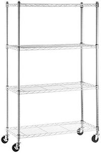 lot 45 image: Amazon Basics 4-Shelf Heavy Duty Shelving Storage Unit on 3 Wheel Casters, Metal Organizer Wire Rack, 36L x 14W x 57.75H - Chrome Silver