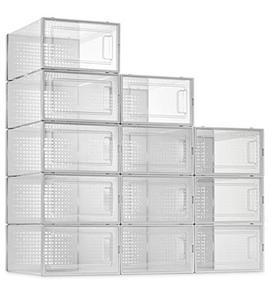 lot 95 image: SESENO. 12 Pack Shoe Storage Boxes, Clear Plastic Stackable Shoe Organizer Bins, Drawer Type Front Opening Shoe Holder Containers