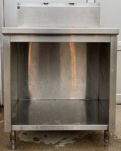 lot 5877 image: Stainless steel table with backsplash and stainless steel under shelf