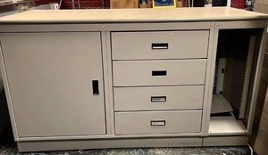 lot 5884 image: 5 ft. Work table with four drawers & one cabinet