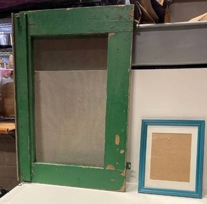 lot 5903 image: lot of (2) Vintage wall hanging with screen, turquoise frame with white mat