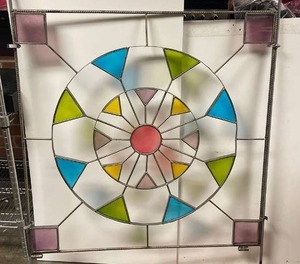 lot 5906 image: Vintage Wrought iron, metal & Stain glass wall hanging