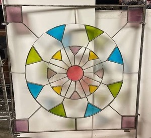 lot 5907 image: Vintage Rot iron, metal & Stain glass wall hanging