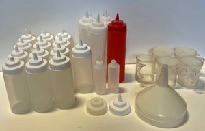 lot 21519 image: Large lot of (19) squeeze bottles, (2)funnels, (5)shakers
