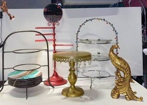 lot 21551 image: lot of (8)  desert stands, cake riser, retail jewelry organizer, ornate bird sculpture