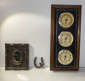 lot 21552 image: A lot of (3), decorative mirror, metal horseshoe & vintage temperature barometer