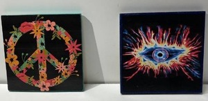 lot 21602 image: lot of (2) Hand painted wood tiles