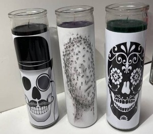 lot 21606 image: Lot of (3) Day of the dead glass cathedral candles