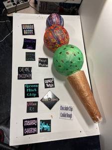 lot 21619 image: XL Painted ice cream cone Sculpture with artsy ice cream labels