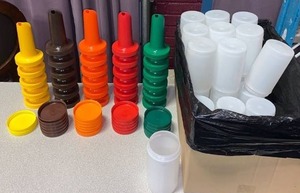 lot 21659 image: lot of (77) Store-n-Pour containers with flat lids & pour spouts