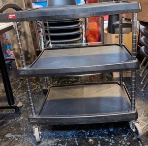 lot 21671 image: three shelf black metro cart on wheels