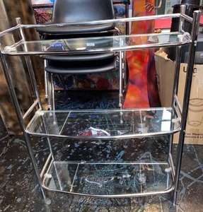 lot 21672 image: three tier metal stand with three glass shelves