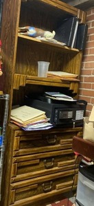 lot 21696 image: wooden bookshelf with three shelves and three drawers