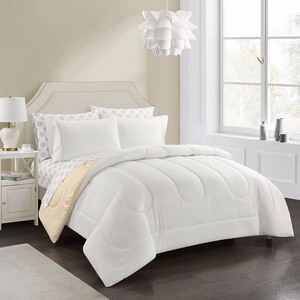 lot 3003 image: Casa Couture 7pc Queen Roma Solid Reversible Bed in a Bag Comforter Set White