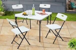 lot 3023 image: Mainstays 5 Piece Resin Plastic Card Table and Four Chairs Set - White