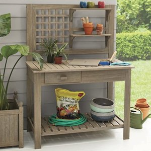 lot 4017 image: Better Homes & Gardens Camrose Farmhouse Outdoor Gray Color Potting Bench