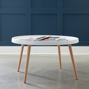 lot 4035 image: OFM Mid Century Modern Plastic Coffee Table, Solid Wood Legs, in White
