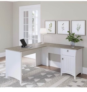 lot 4042 image: Bush Furniture Salinas L Shaped Desk with Storage, 60W, Pure White and Shiplap Gray