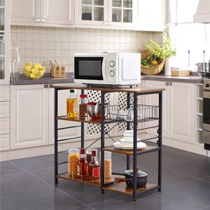 lot 4046 image: Multilevel Kitchen Stand Trolley Wood Kitchen Storage Shelf with Basket & 6 Hooks, Metal Rustic Brown Short