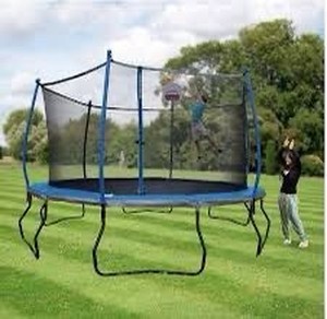 lot 4061 image: Bounce Pro 14ft Trampoline And Enclosure With Basketball Hoop, Blue