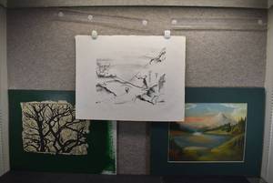 lot 5271 image: Lot of 3 Unframed Artworks  Acrylic, Lithograph, and Wood Cut Print  16x20 Largest
