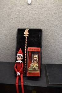 lot 5281 image: Lot of 3 Vintage Character Toys and Figurine  Holly Hobbie, Elf on a Shelf, and Knee Hugger Elf Pencil.