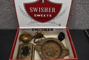 lot 5282 image: Lot of 5 Metal Pieces in Cigar Box  Incense Burner, Ashtray, Tea Cup, and Ring