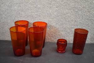 lot 5285 image: Lot of 6 Red Glasses  Small Votive, Hobnail, and Blown Glass Tumblers