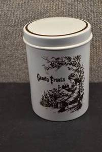 lot 5286 image: Vintage Candy Treats Canister  Royal Crownford  7.5x5.5