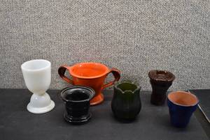 lot 5288 image: Lot of 6 Milk Glass, Black Glass, Olive Glass and Ceramic Dishes  Flower Frog, Ashtray, Votive holder, Egg Cup and More  Faroy, J.C. Co., and Hazel Atlas  LOCAL PICKUP ONLY