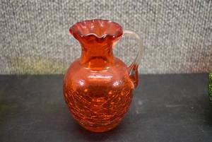 lot 5358 image: Vintage Hand Blown Red Crackle Glass Pitcher With Ruffled Edge And Applied Clear Handle  4.5x3