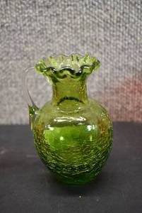 lot 5359 image: Vintage Hand Blown Green Crackle Glass Pitcher With Ruffled Edge And Applied Clear Handle  4.5x3