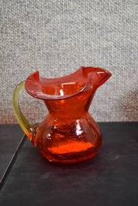 lot 5360 image: Vintage Hand Blown Red Crackle Glass Pitcher With Tangerine Applied Handle  4.5x5