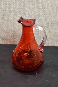 lot 5361 image: Vintage Hand Blown Cranberry Crackle Glass Pitcher With Applied Ribbed Clear Handle  4.5x3