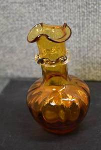 lot 5362 image: Vintage Hand Blown Hand Blown Amber Optic Swirl Vase With Applied Clear Decorative Scroll  4.5x3
