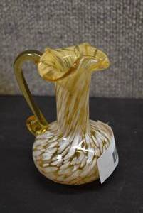 lot 5363 image: Vintage Hand Blown Yellow And White Swirl Glass Pitcher With Applied Yellow Handle  4.5x3