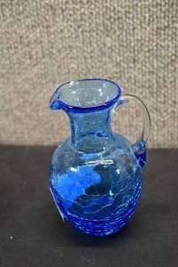 lot 5364 image: Vintage Hand Blown Blue Crackle Glass Pitcher With Applied Clear Handle  4.5x3