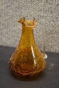 lot 5365 image: Vintage Hand Blown Amber Crackle Glass Pitcher With Applied Clear Handle  4.5x3