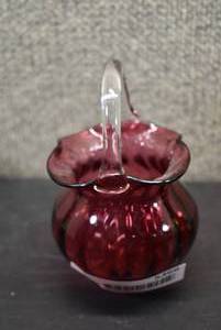 lot 5368 image: Vintage Hand Blown Plum Optic Swirl Basket With Applied Clear Handle  6x3.5