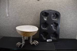 lot 5375 image: Lot Of Two Unused Halloween Plastic Candy Bowl With Skeleton Hands and Pumpkin And Ghost Baking Pan  Wilton  Various