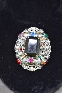 lot 1029 image: West Germany Oval Brooch  Silver-tone, colored stones  2.5 Brooch