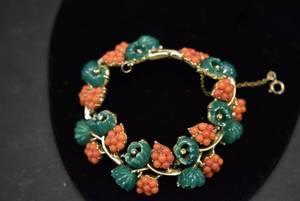 lot 1036 image: Coro Bracelet  Green, Orange, Gold-tone  3.5