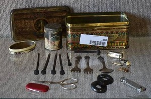 lot 1186 image: Assorted Metal Objects  Scissors, Small VTG Nail, Spoon & Fork, Pocket Knife, Snuff Tin, Mini Harmonica